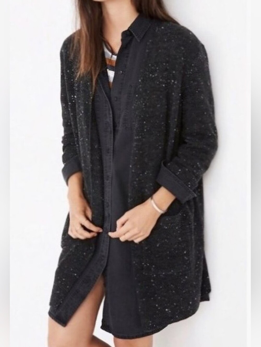 **Madewell Dark Charcoal Gray Speckled Open Front Long Cardigan Sweater Medium**